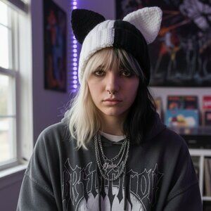 Handmade Crochet Split Color Cat Ear Beanie New